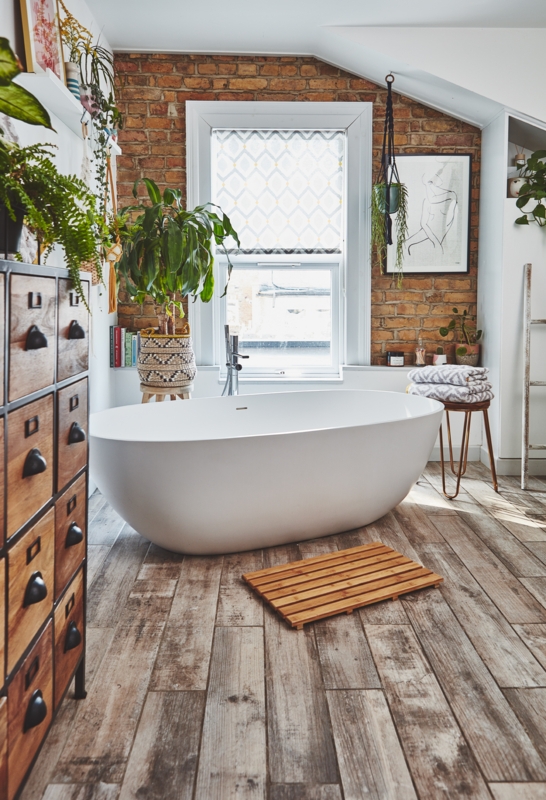 Rustic Bathroom: Freestanding Tub & Exposed Brick Wall