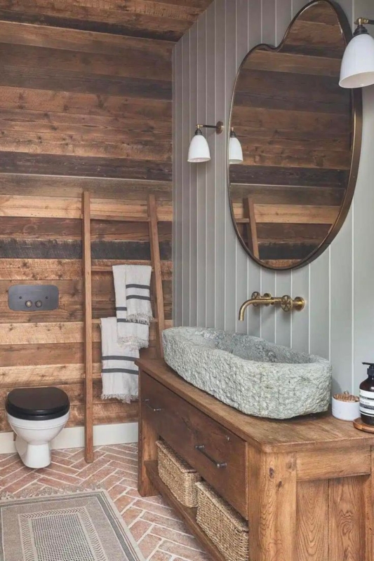 Rustic Bathroom Stone Vessel Sink with Herringbone Brick Floor