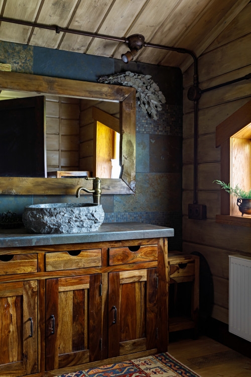 Rustic Bathroom Vanity: Rough Stone Sink & Exposed Conduit