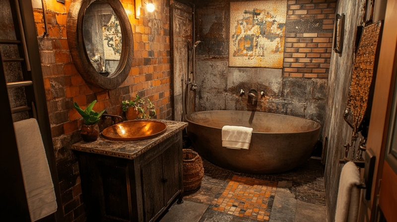 Rustic Bathroom with Copper Vessel Sink and Exposed Brick Walls