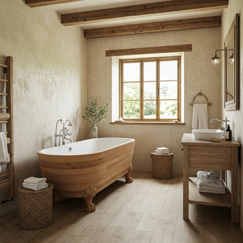 Rustic Bathroom: Wood Clad Clawfoot Tub & Exposed Beams