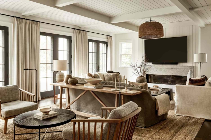 Rustic Boho Living Room with Beamed Ceiling and Woven Pendant Light