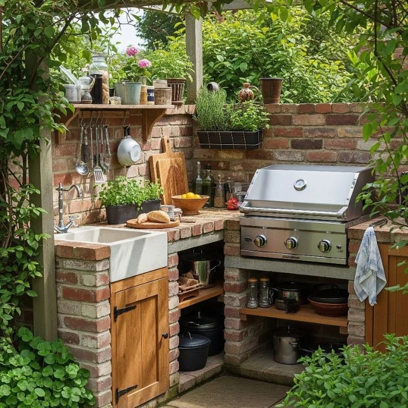 Rustic Brick Outdoor Kitchen: L-Shaped Design with Farmhouse Sink