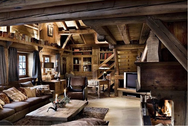 Rustic Cabin Living Room with Massive Timber Framing and Shaggy Rug