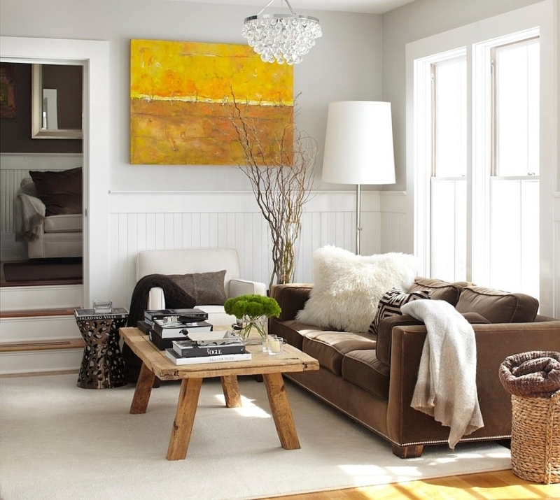 Rustic Chic Living Room with White Wainscoting and Abstract Art