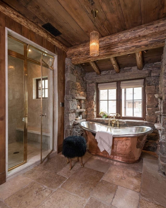 Rustic Copper Bathtub Bathroom with Stone Masonry Walls