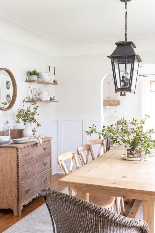 Rustic Cottage Dining Room: White Wainscoting & Oversized Lantern Pendant