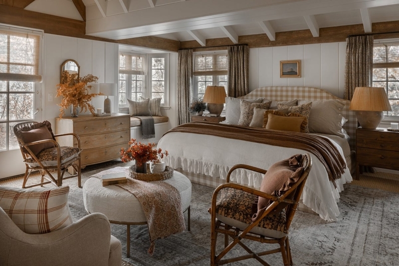Rustic Country Bedroom with Gingham Headboard and Woven Cane Chairs