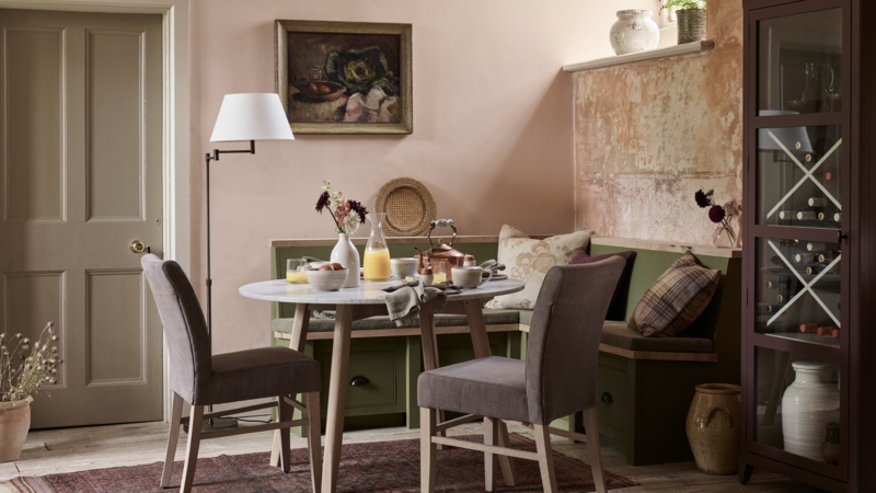 Rustic Dining Nook featuring a Distressed Accent Wall