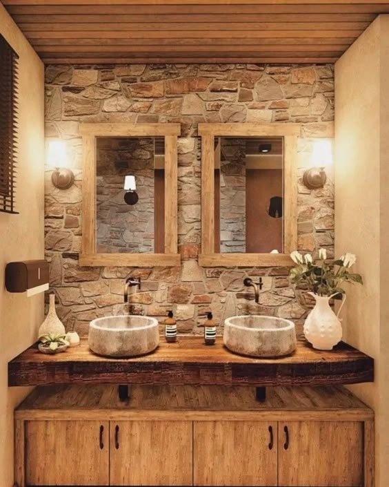 Rustic Double Vanity: Stone Vessel Sinks & Wood Countertop