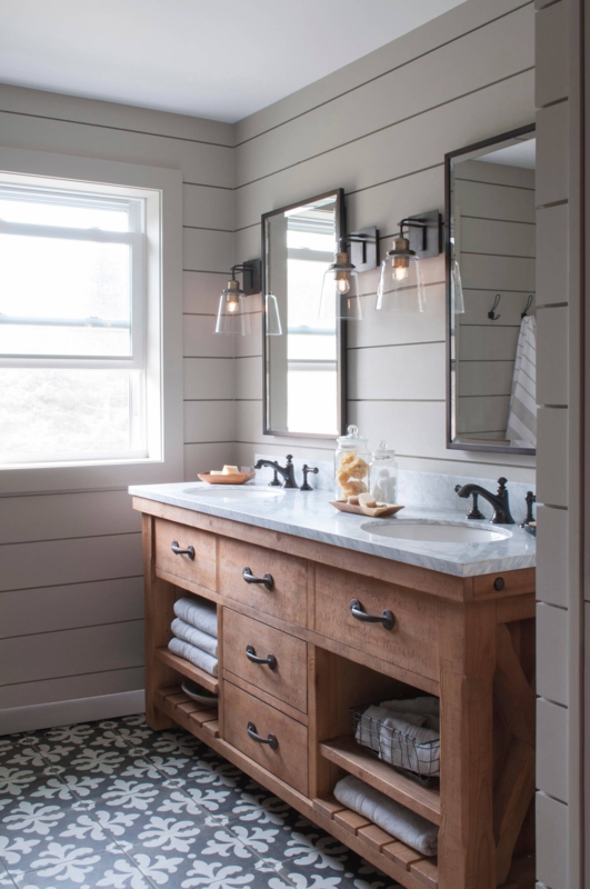 Rustic Double Vanity with Open Slatted Shelving and Patterned Floor Tile