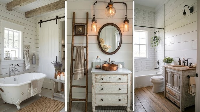 Rustic Farmhouse Bathroom: Distressed Vanity & Shiplap Walls