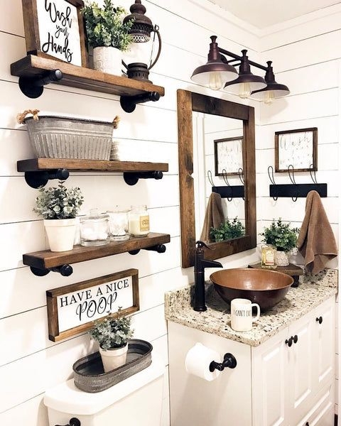Rustic Farmhouse Bathroom Shelving with Copper Vessel Sink