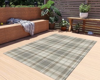 Rustic Farmhouse Indoor Outdoor Rug Neutral Tan and Cream Plaid