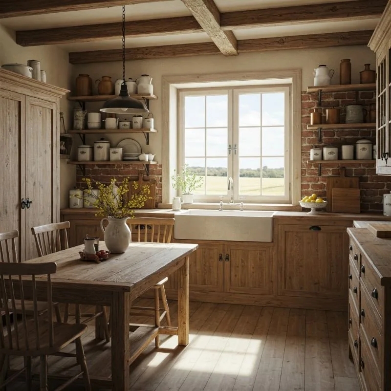 Rustic Farmhouse Kitchen Exposed Ceiling Beams and Brick Backsplash