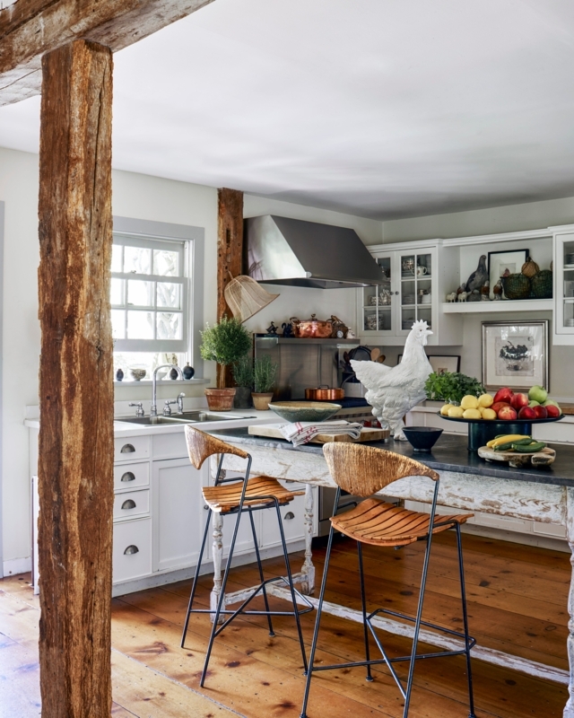 Rustic Farmhouse Kitchen Rough Hewn Timber Beams Distressed Island