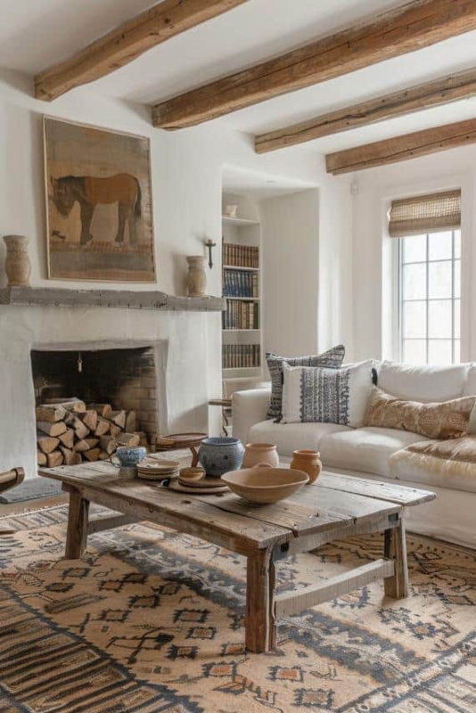 Rustic Farmhouse Living Room with Timber Beams and Equestrian Art
