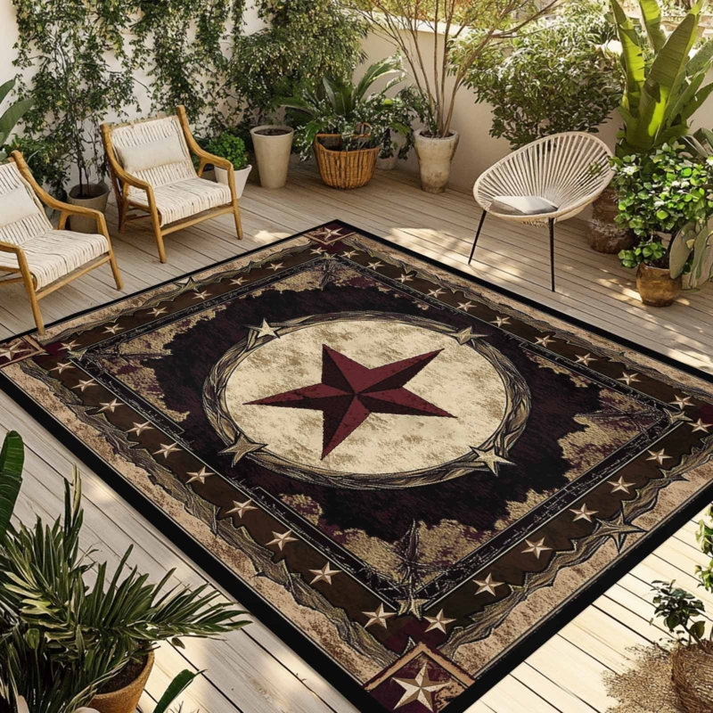 Rustic Farmhouse Outdoor Area Rug Brown Wood Grain with Western Stars