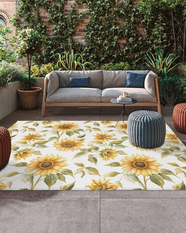 Rustic Farmhouse Outdoor Area Rug with Sunflower Floral Motif