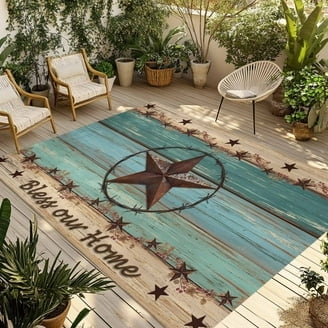 Rustic Farmhouse Outdoor Rug with Cow Graphic and Buffalo Plaid Border