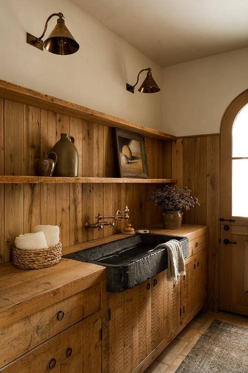 Rustic Farmhouse Pantry Stone Trough Sink All Over Wood Paneling