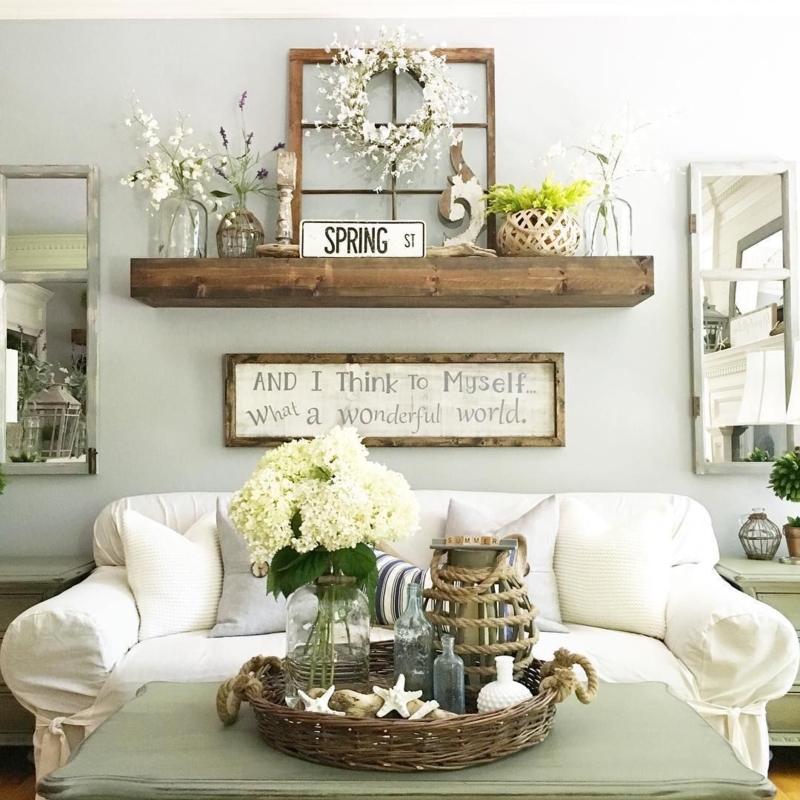Rustic Floating Shelf Styling Ideas With Layered Wall Decor And Mirrors