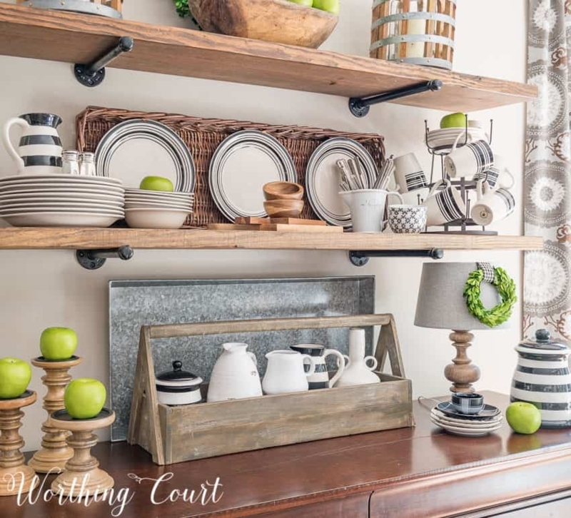 Rustic Floating Shelves with Industrial Pipe Brackets and Stripes