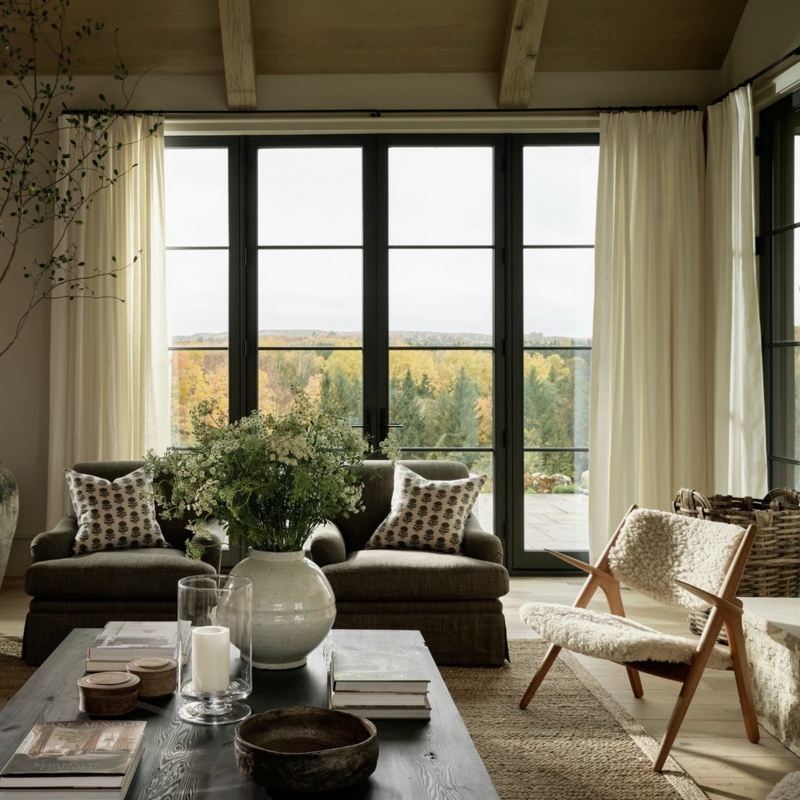 Rustic Floor-to-Ceiling Curtains Framing Scenic Window View