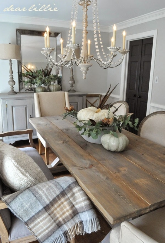 Rustic Glam Dining Room with Planked Wood Table & Beaded Chandelier