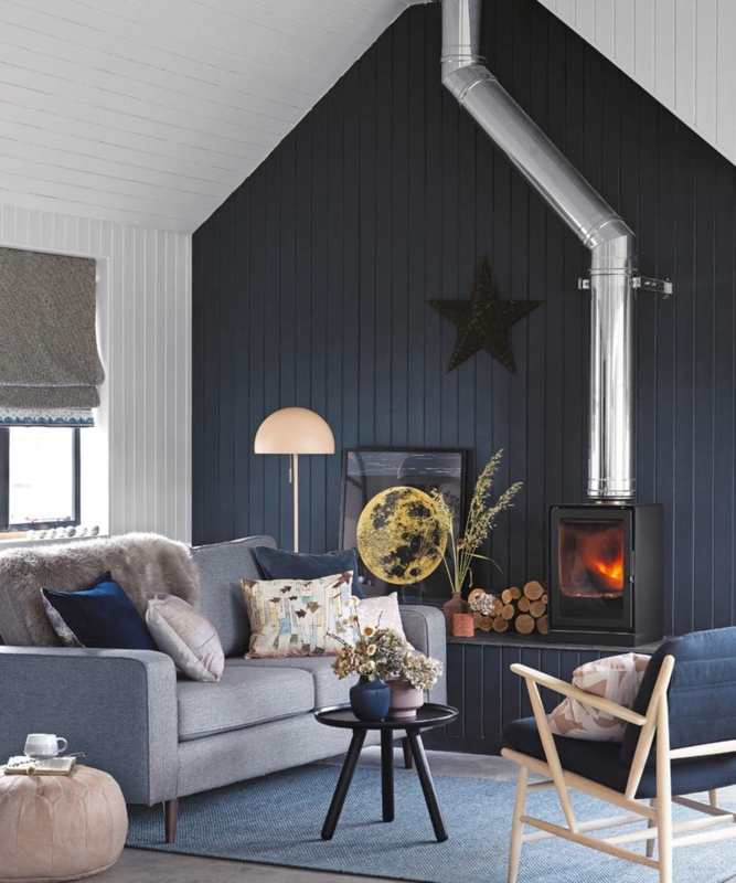 Rustic Grey Floor Living Room: Navy Paneled Wall & Wood Stove