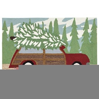 Rustic Holiday Hooked Doormat with Red Car & Tree Design