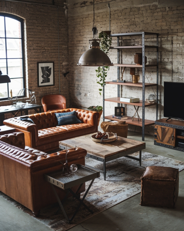 Rustic Industrial Living Room with Tufted Chesterfield Sofas