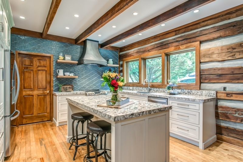 Rustic Kitchen Blue Tiled Wall and Log Wall Interior Design