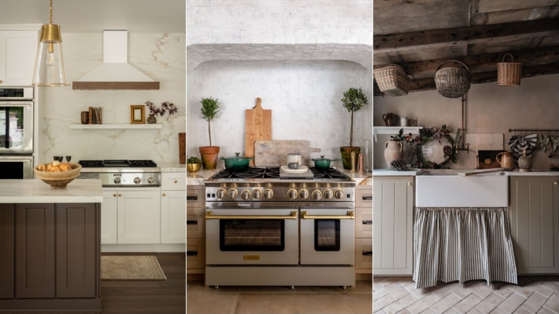 Rustic Kitchen Farmhouse Sink with Fabric Skirt and Exposed Beams