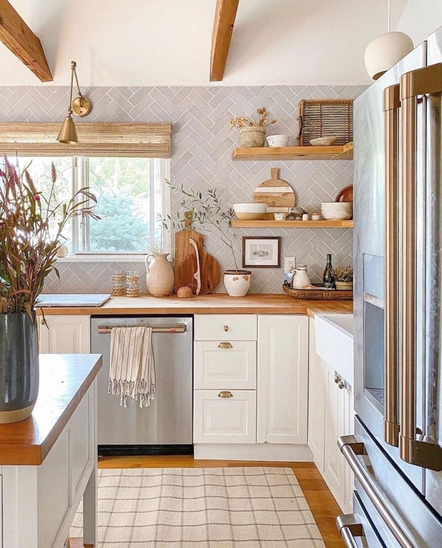 Rustic Kitchen Floating Shelves with Grey Herringbone Backsplash