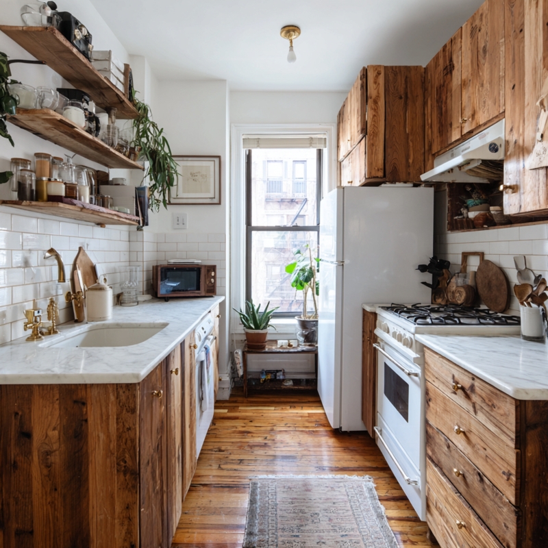 Rustic Kitchen Layout with Live Edge Shelving and Subway Tile