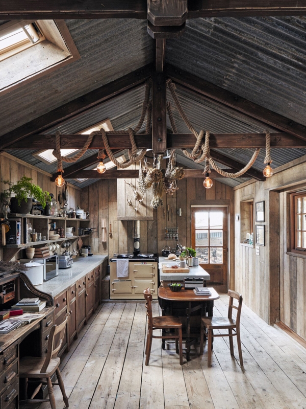 Rustic Kitchen Metal Roof Ideas with Rope Pendant Lighting