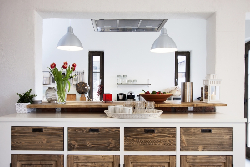 Rustic Kitchen Pass Through Opening with Wood Grain Drawers