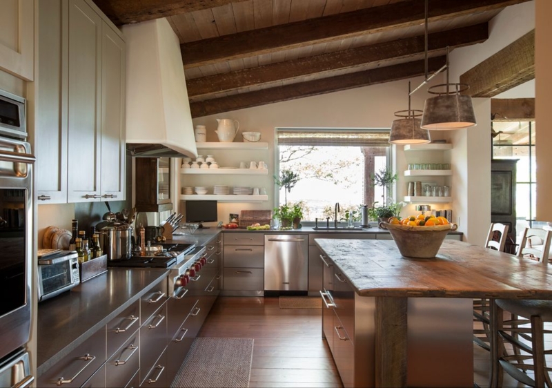 Rustic Kitchen with Exposed Beams and Stainless Steel Cabinetry