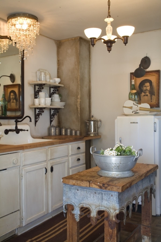 Rustic Kitchen with Galvanized Island Base & Crystal Chandelier