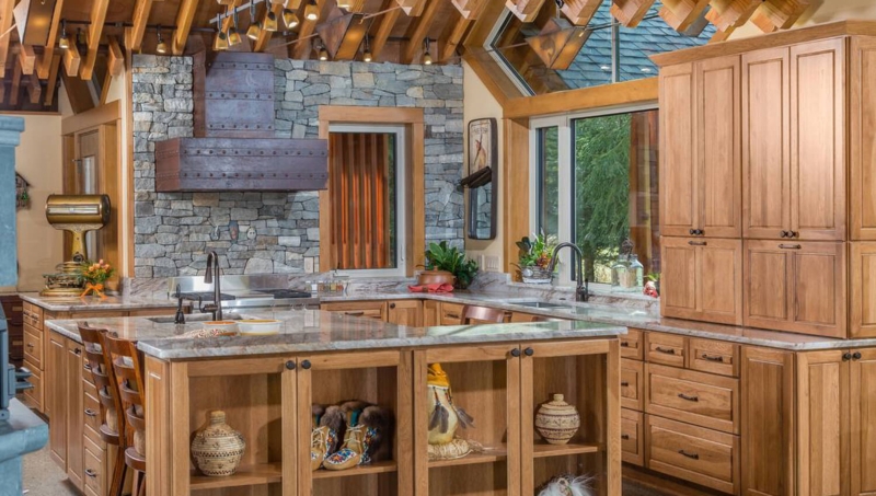 Rustic Kitchen with Stone Wall and Geometric Wood Beamed Ceiling