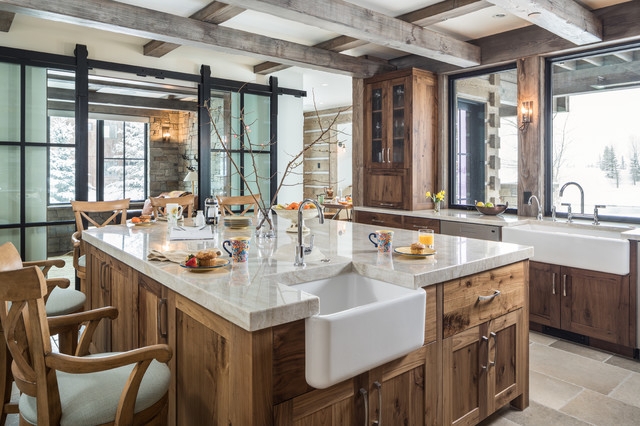 Rustic Kitchen with Wood Beams and Sliding Glass Barn Doors