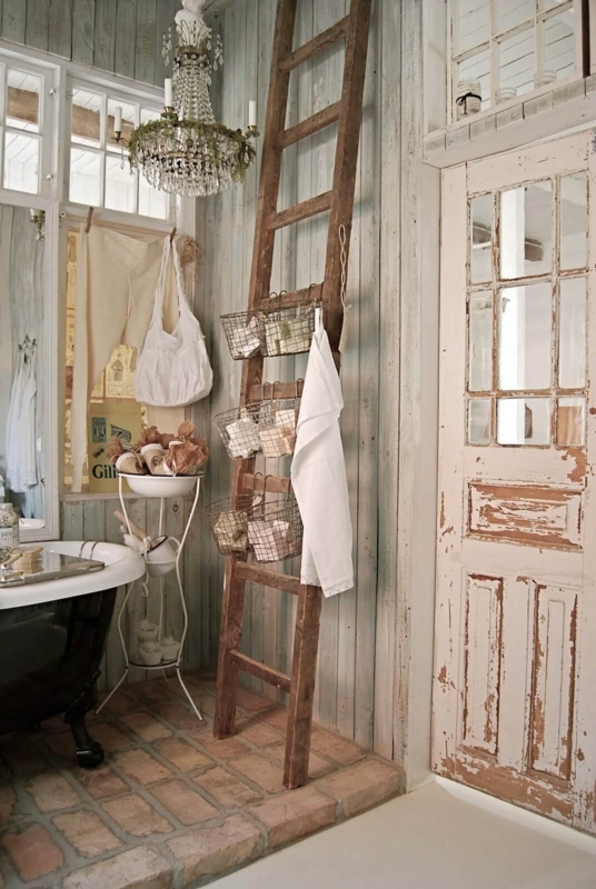 Rustic Ladder Storage for Towels with Brick Bathroom Flooring