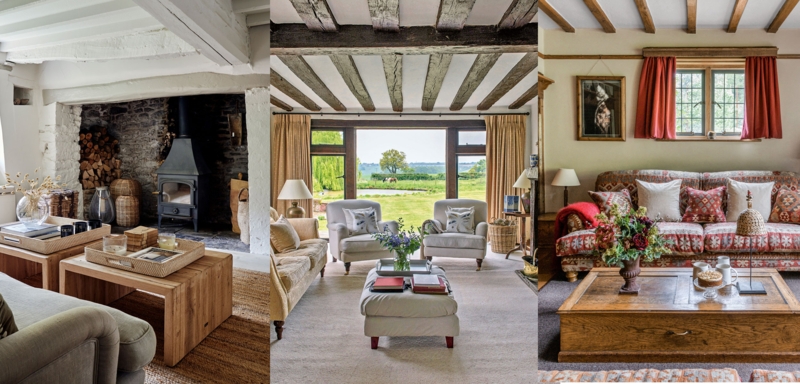 Rustic Living Room Ideas with Exposed Ceiling Timbers and Stone Hearth
