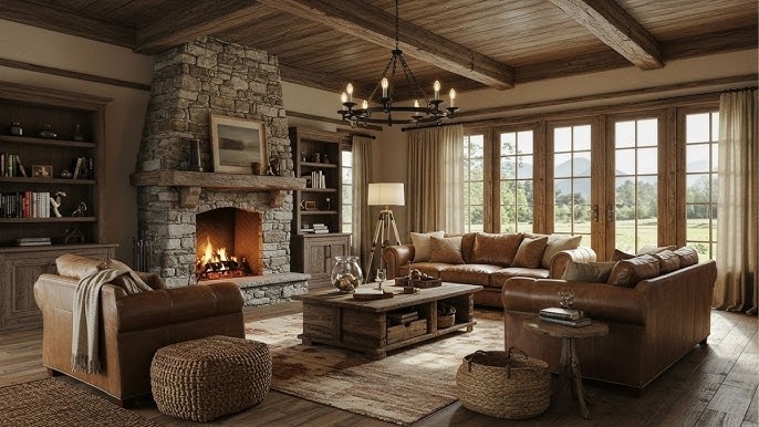 Rustic Living Room with Stone Fireplace and Wheel Chandelier