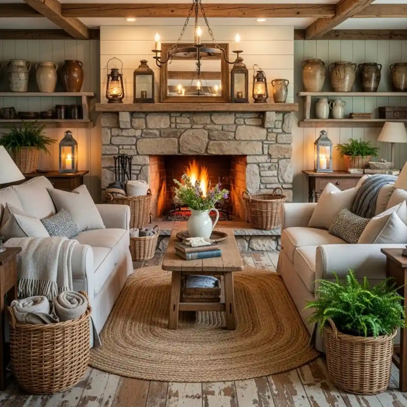 Rustic Living Room with Symmetrical Seating and Stone Fireplace