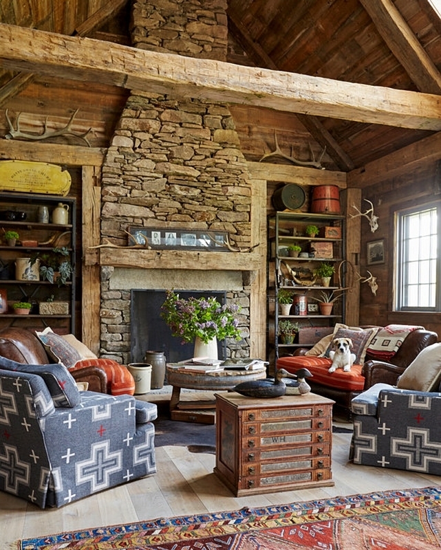 Rustic Lodge Living Room with Stone Fireplace and Southwestern Chairs