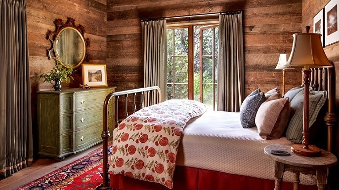 Rustic Log Cabin Bedroom Ideas with Green Painted Dresser and Red Rug
