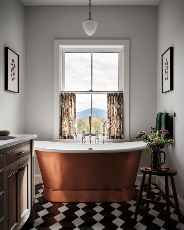 Rustic Luxe Bathroom With Freestanding Copper Bathtub And Mountain View
