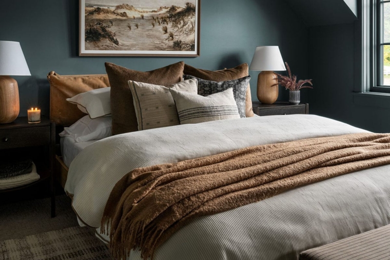 Rustic Modern Bed in Moody Teal Guest Bedroom Ideas with Warm Textiles